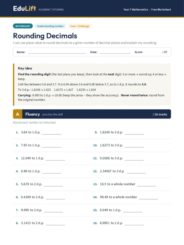 First page of the Year 7 rounding decimals worksheet