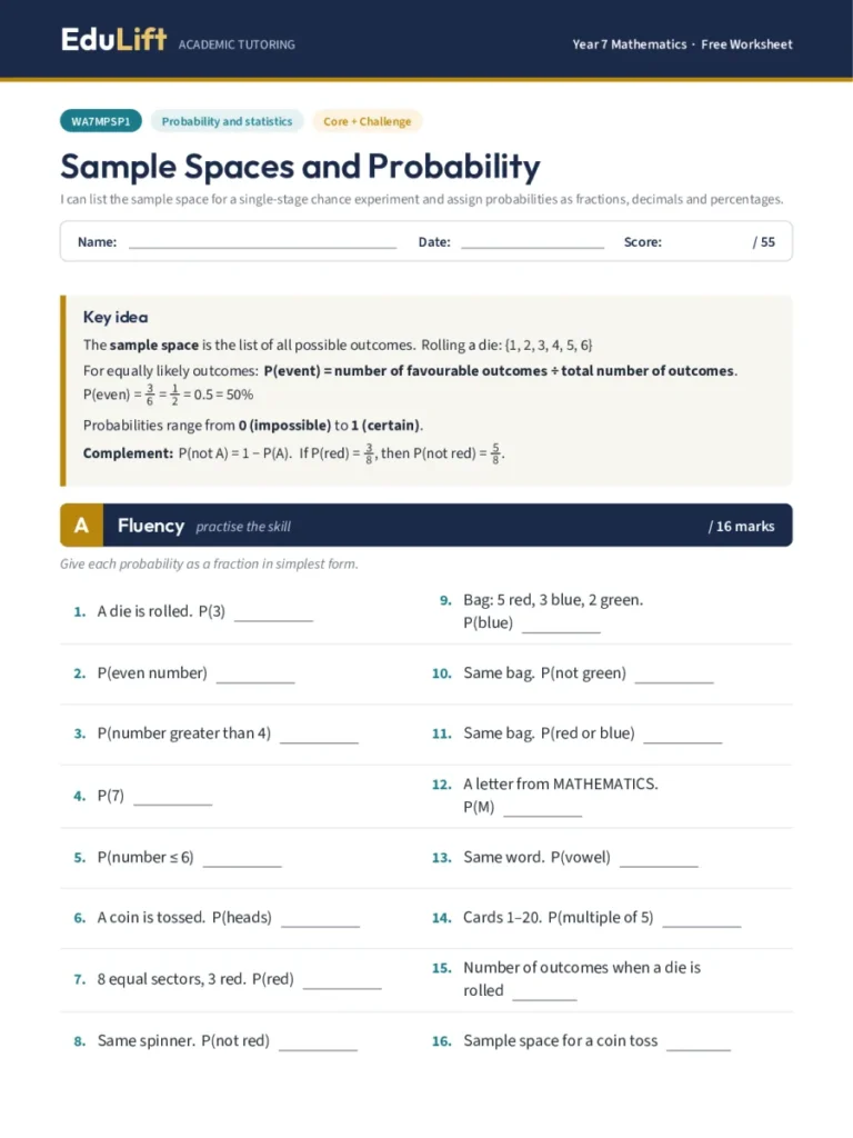 First page of the Year 7 sample spaces and probability worksheet