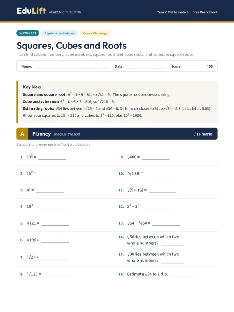 First page of the Year 7 squares, cubes and roots worksheet