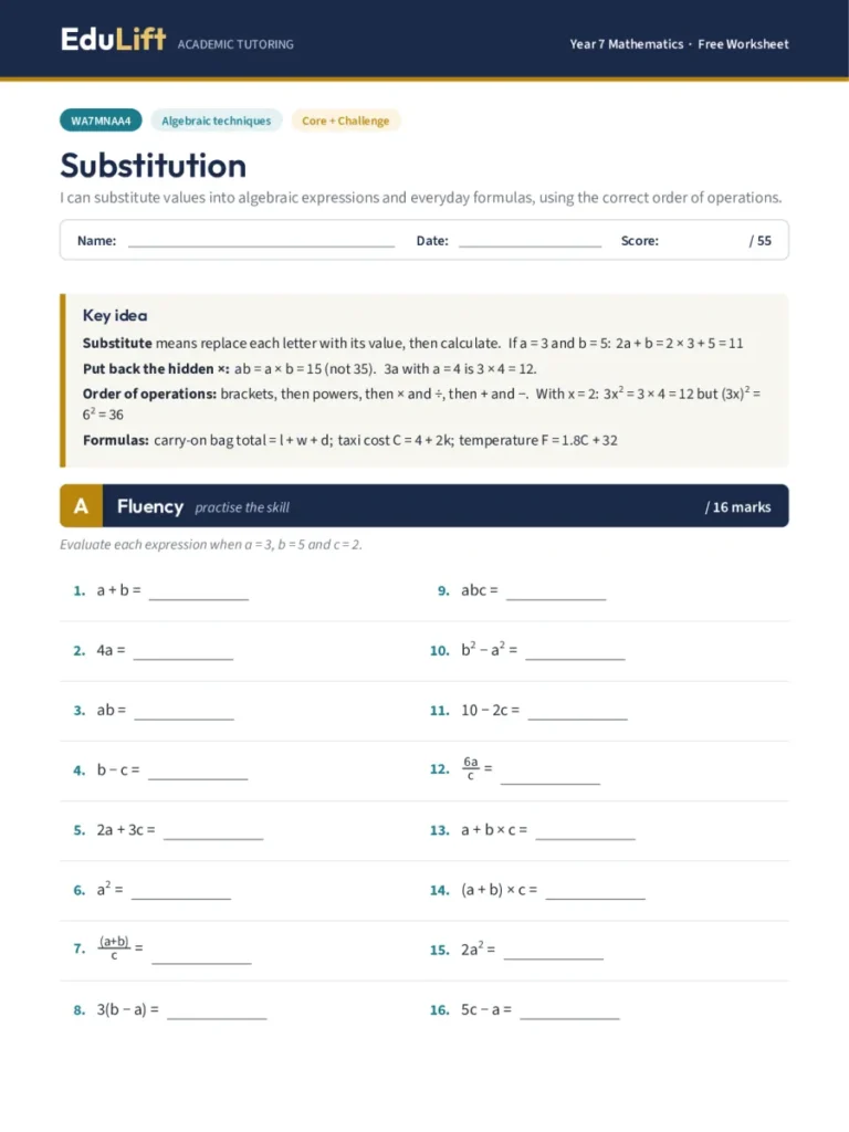 First page of the Year 7 substitution worksheet