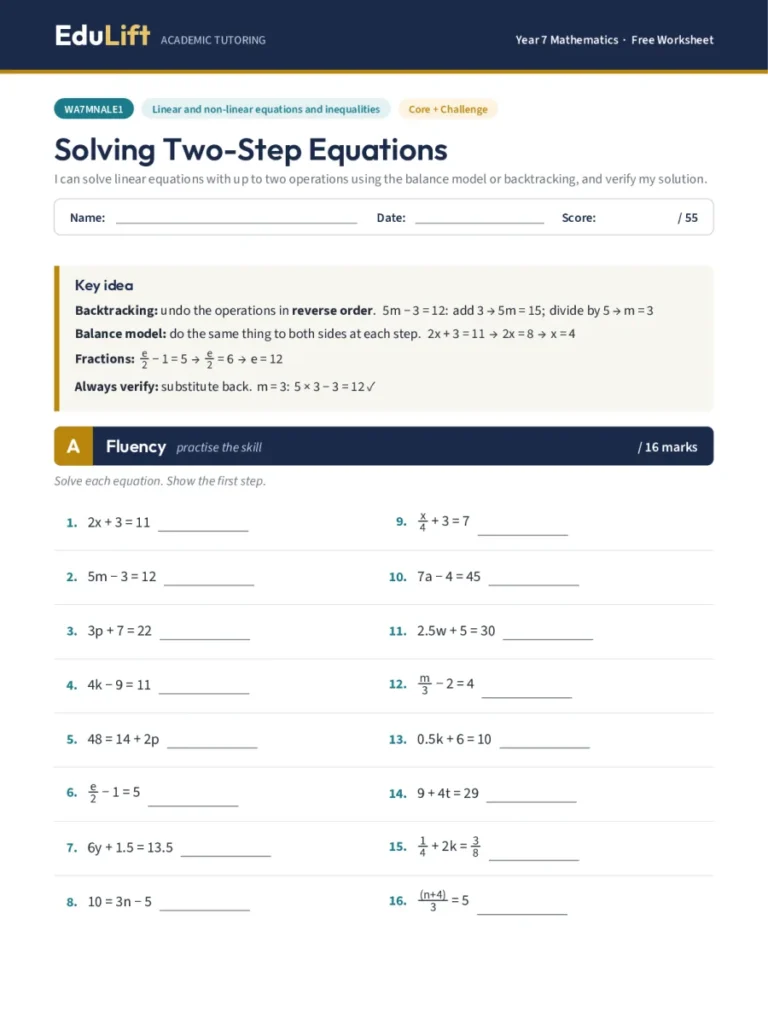 First page of the Year 7 solving two-step equations worksheet
