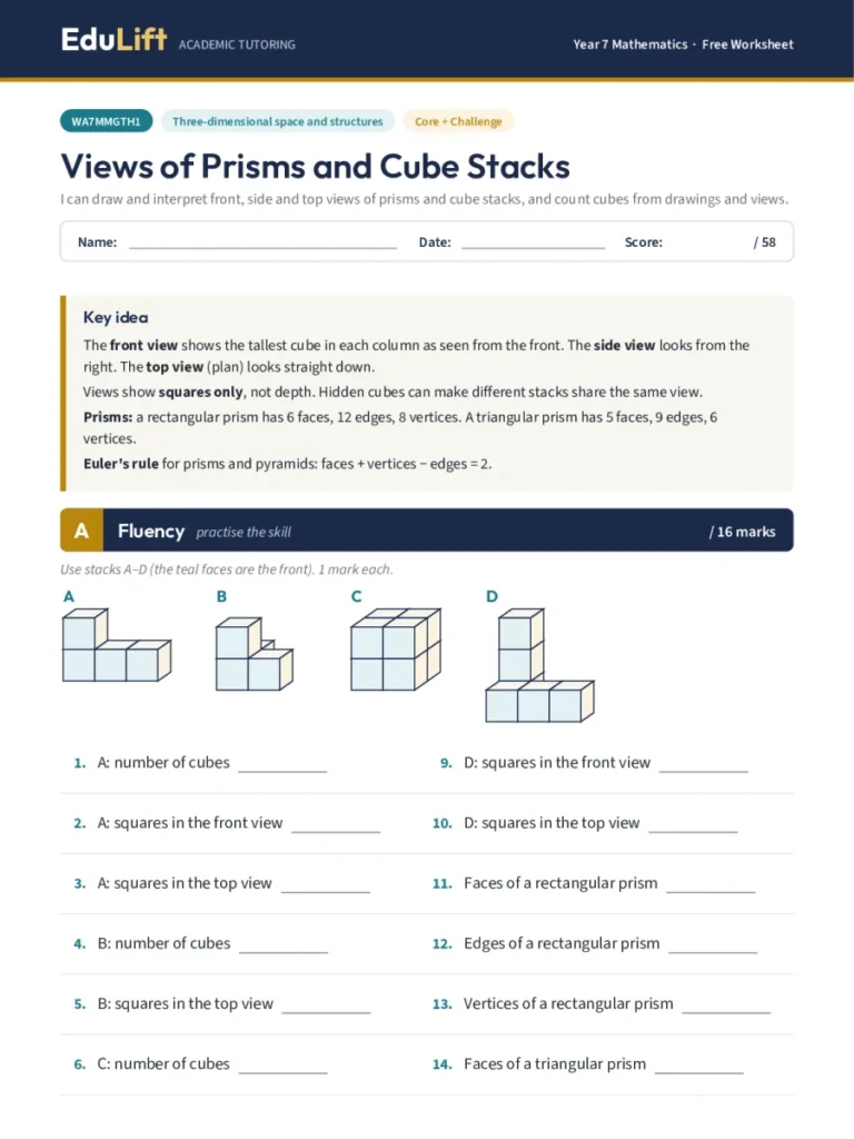 First page of the Year 7 views of prisms and cube stacks worksheet