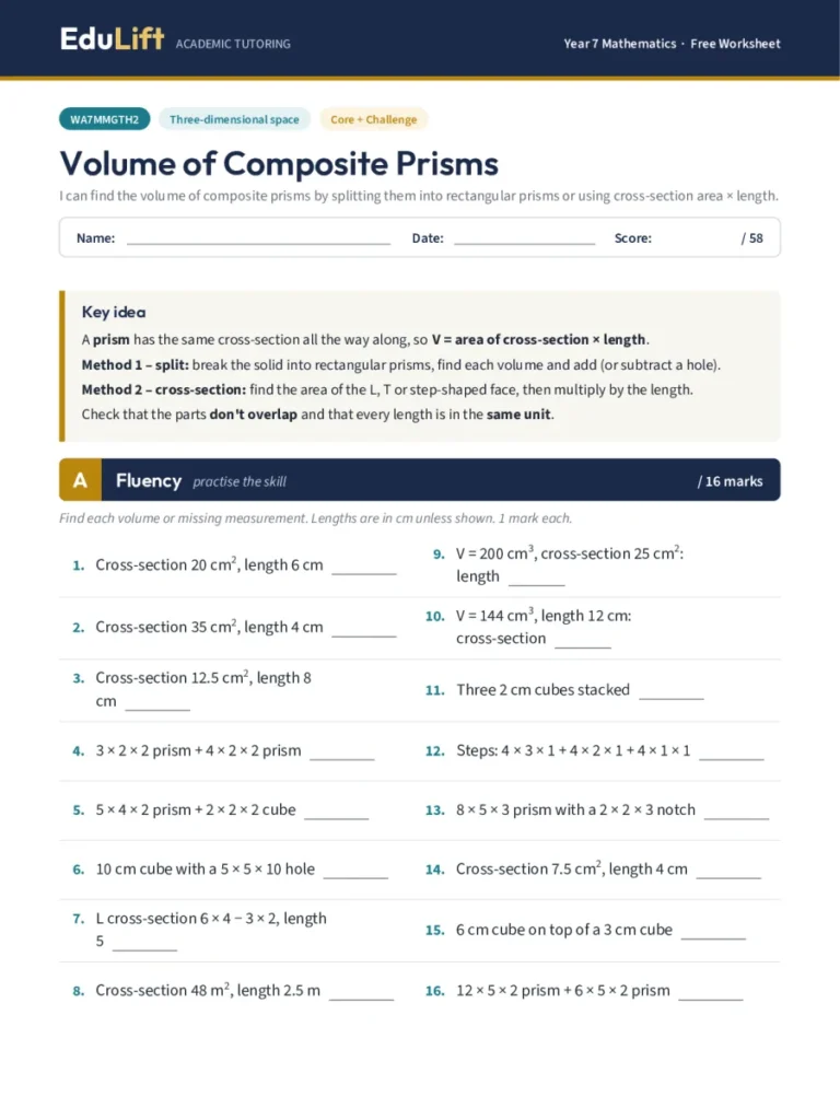 First page of the Year 7 volume of composite prisms worksheet