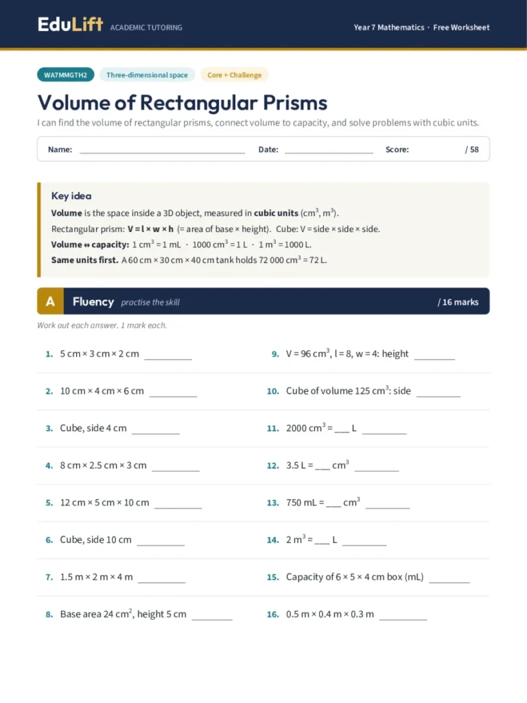 First page of the Year 7 volume of rectangular prisms worksheet