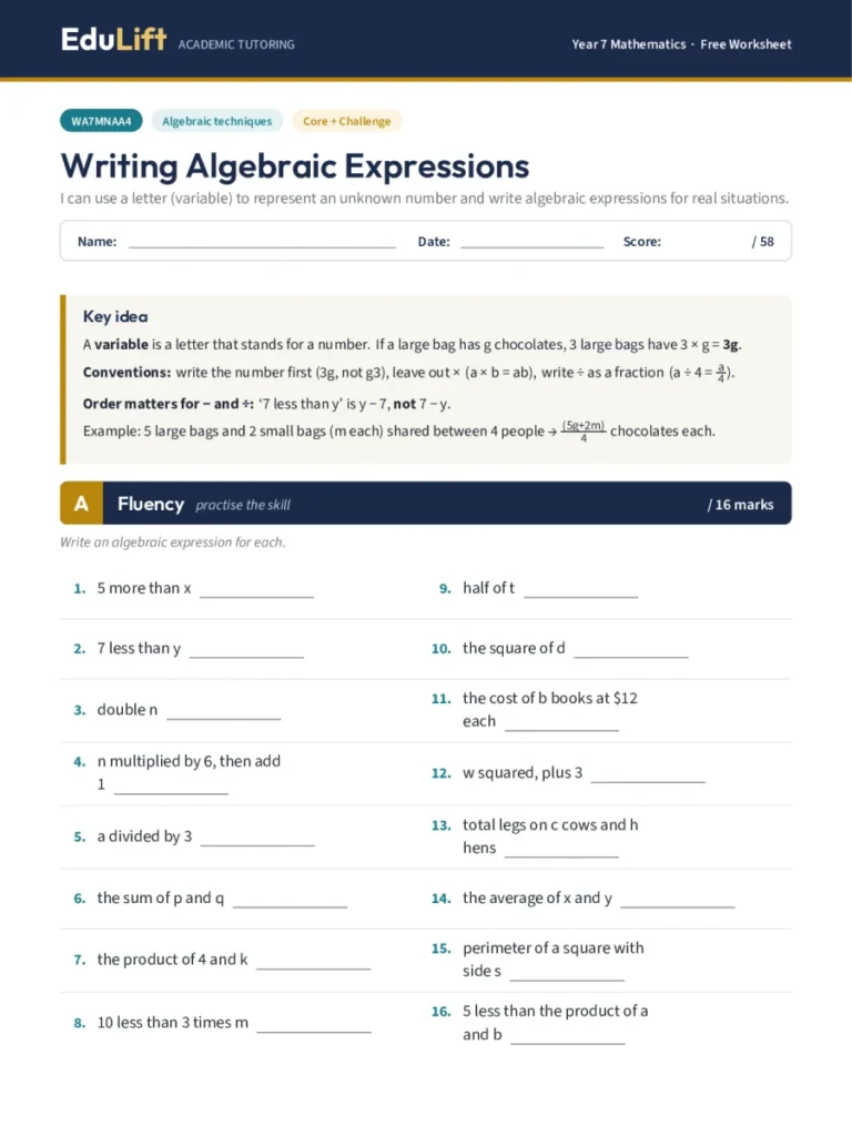 First page of the Year 7 writing algebraic expressions worksheet