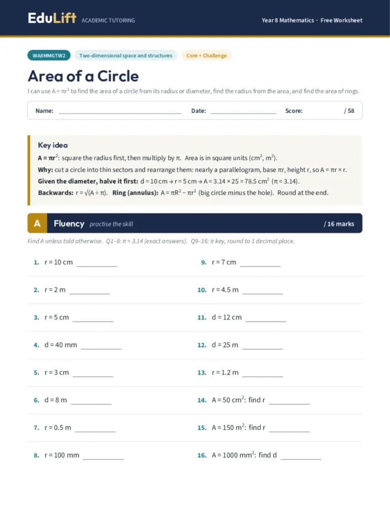 First page of the Year 8 area of a circle worksheet