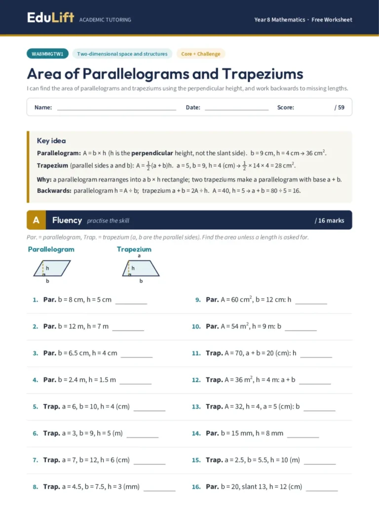 First page of the Year 8 area of parallelograms and trapeziums worksheet