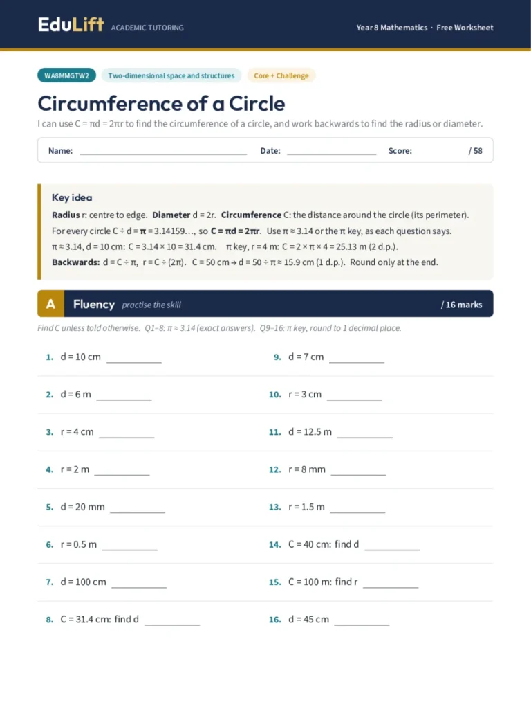 First page of the Year 8 circumference of a circle worksheet