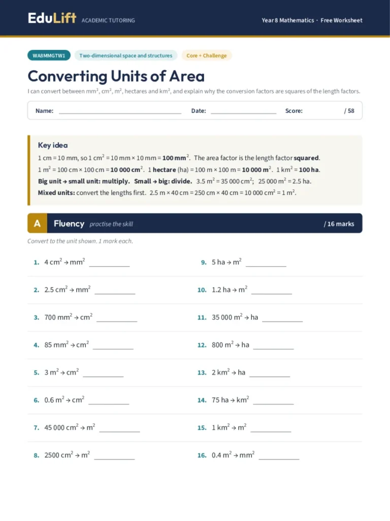 First page of the Year 8 converting units of area worksheet