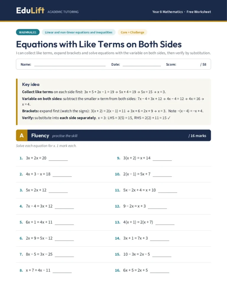 First page of the Year 8 equations with like terms on both sides worksheet