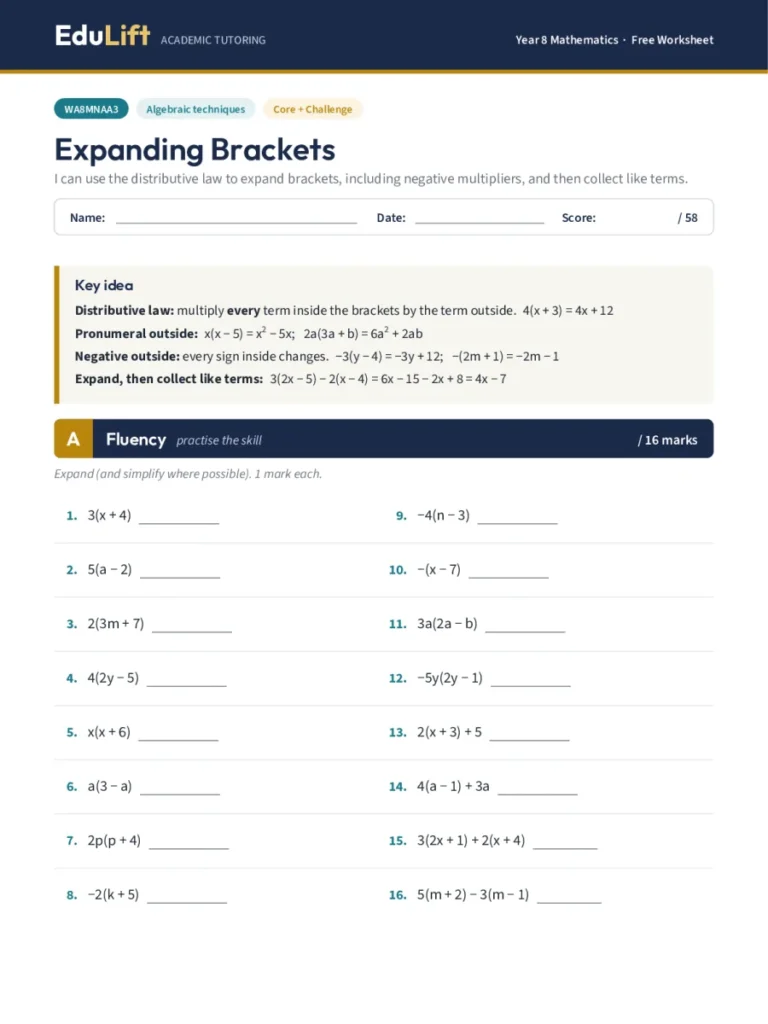 First page of the Year 8 expanding brackets worksheet
