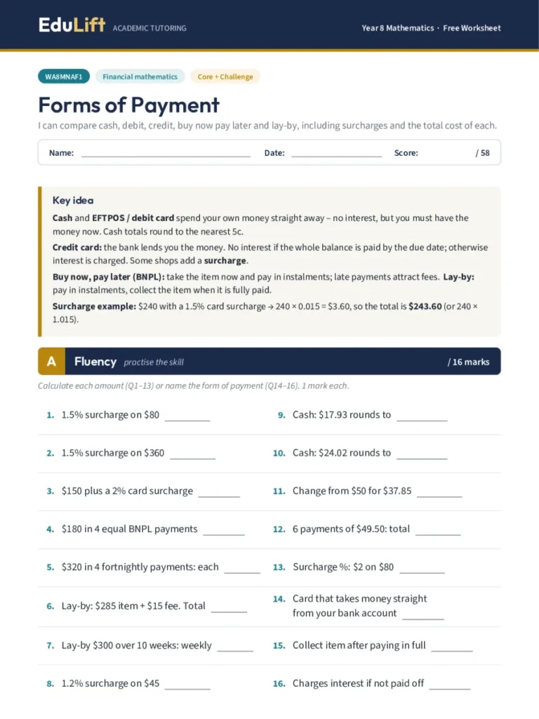 First page of the Year 8 forms of payment worksheet