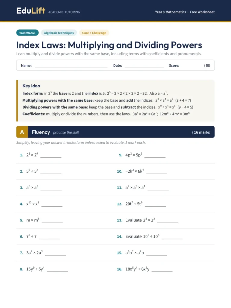 First page of the Year 8 index laws: multiplying and dividing powers worksheet