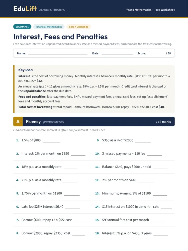 First page of the Year 8 interest, fees and penalties worksheet