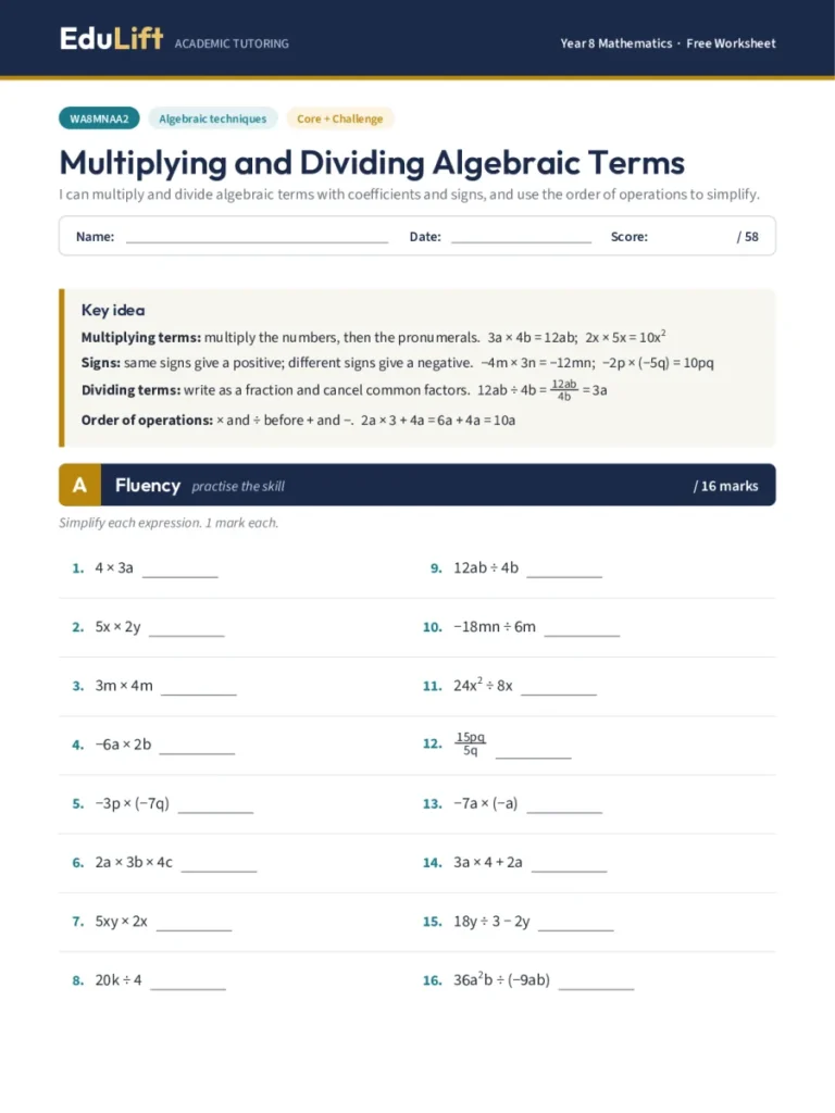 First page of the Year 8 multiplying and dividing algebraic terms worksheet