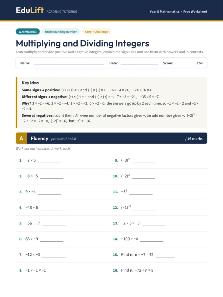 First page of the Year 8 multiplying and dividing integers worksheet