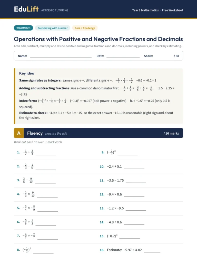 First page of the Year 8 operations with positive and negative fractions and decimals worksheet