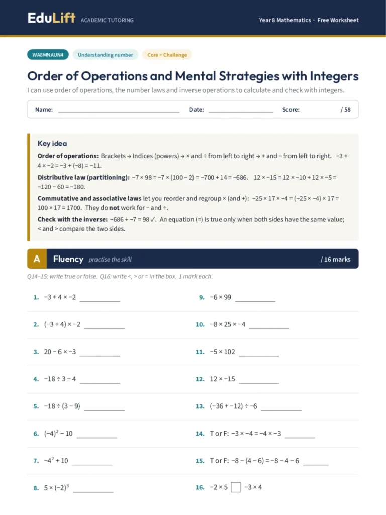 First page of the Year 8 order of operations and mental strategies with integers worksheet