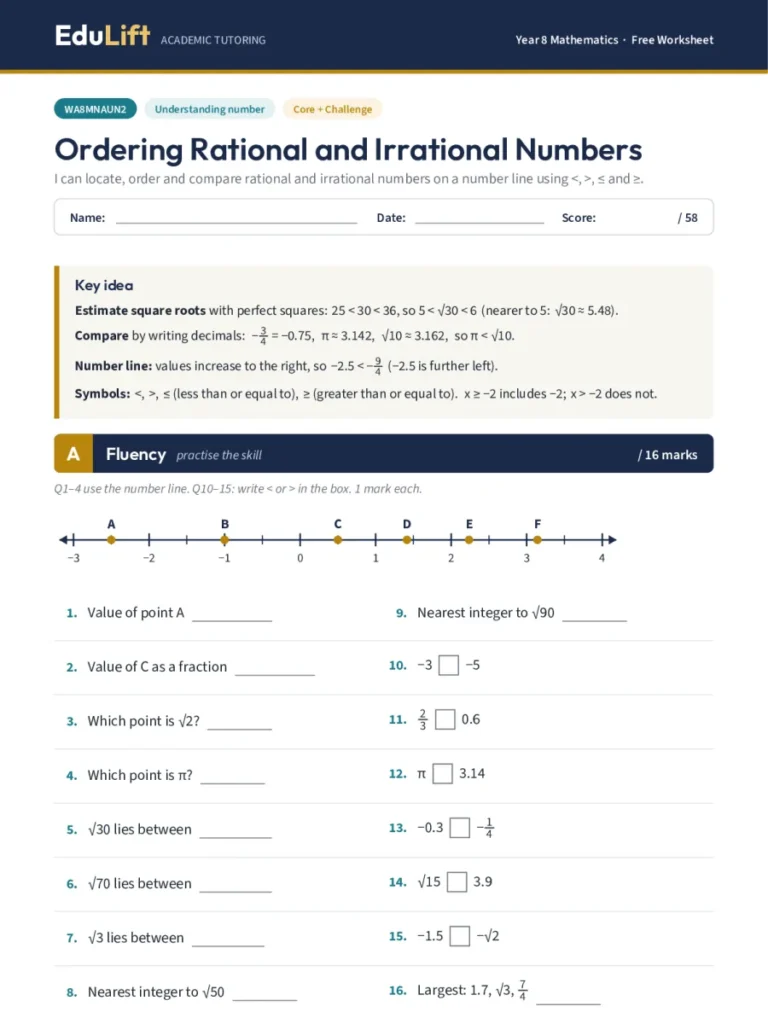 First page of the Year 8 ordering rational and irrational numbers worksheet