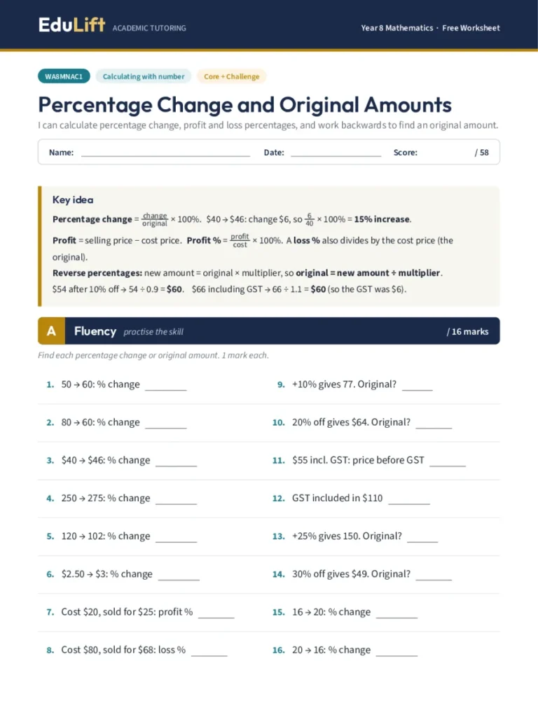 First page of the Year 8 percentage change and original amounts worksheet