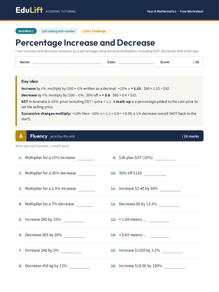 First page of the Year 8 percentage increase and decrease worksheet