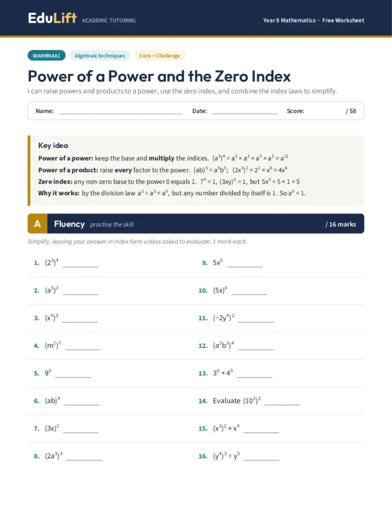 First page of the Year 8 power of a power and the zero index worksheet