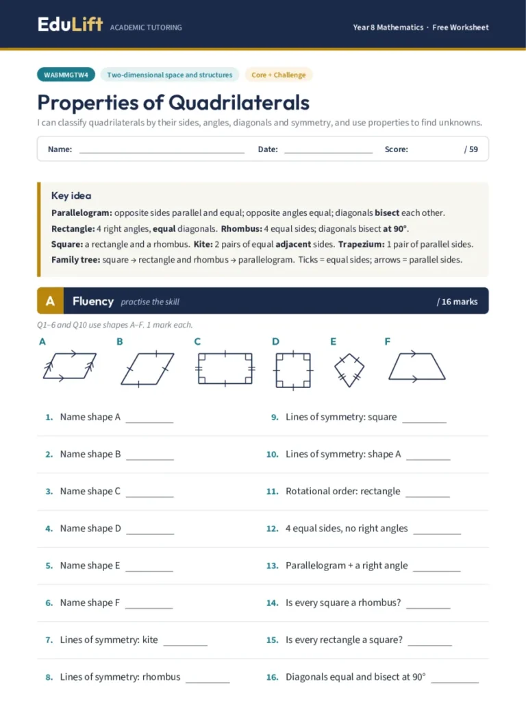 First page of the Year 8 properties of quadrilaterals worksheet