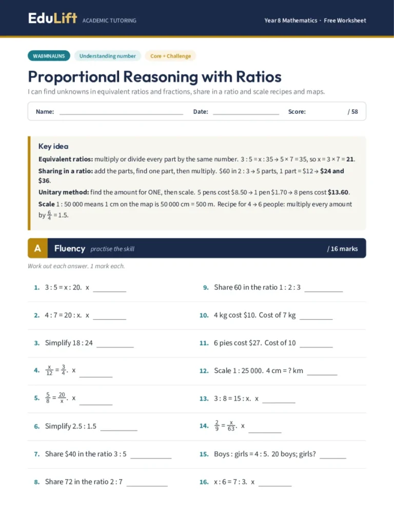First page of the Year 8 proportional reasoning with ratios worksheet