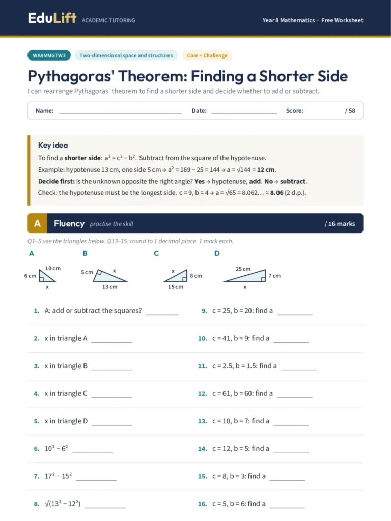 First page of the Year 8 pythagoras’ theorem: finding a shorter side worksheet