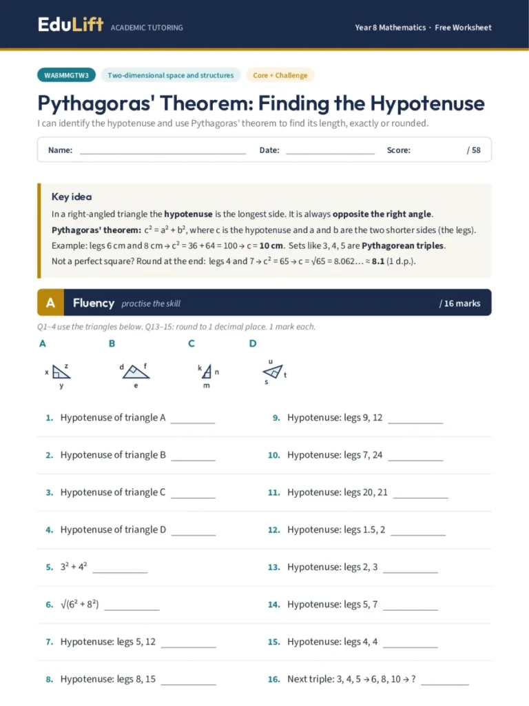 First page of the Year 8 pythagoras’ theorem: finding the hypotenuse worksheet