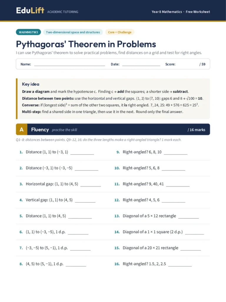 First page of the Year 8 pythagoras’ theorem in problems worksheet