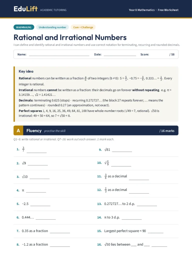 First page of the Year 8 rational and irrational numbers worksheet
