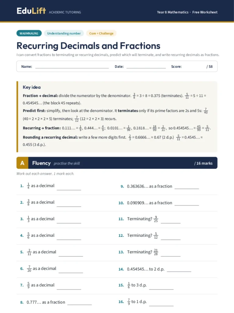 First page of the Year 8 recurring decimals and fractions worksheet