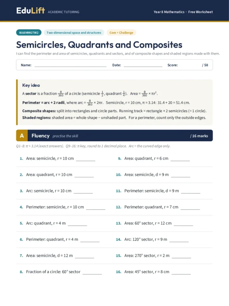 First page of the Year 8 semicircles, quadrants and composites worksheet