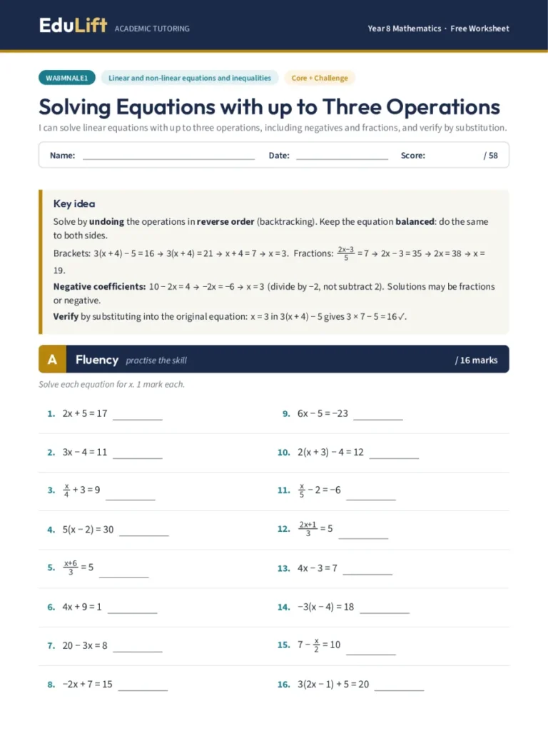 First page of the Year 8 solving equations with up to three operations worksheet